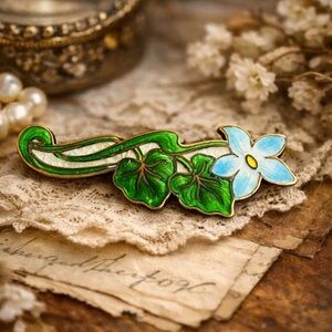 Vintage Cloisonné Flower Vine Brooch Green Leaf Blue Floral Pin